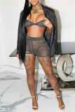 Black Fashion Sexy Solid See-through Backless Spaghetti Strap Sleeveless Two Pieces