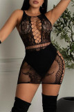 Black Sexy Solid Hollowed Out See-through O Neck One Step Skirt Dresses