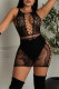 Black Sexy Solid Hollowed Out See-through O Neck One Step Skirt Dresses