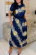 Navy Blue Fashion Casual Print Patchwork O Neck Short Sleeve Two Pieces