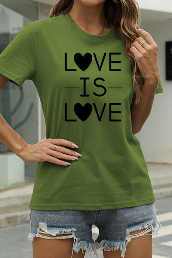 Army Green Fashion Casual Letter Print Basic O Neck T-Shirts
