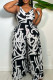 Black White Fashion Casual Print Backless Spaghetti Strap Regular Jumpsuits