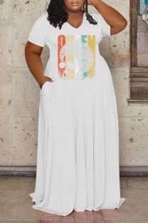 White Casual Print Split Joint V Neck Straight Plus Size Dresses