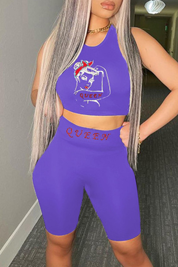 Purple Fashion Casual Print Basic O Neck Sleeveless Two Pieces