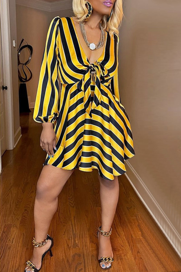 Yellow Fashion Casual Striped Print Patchwork V Neck Long Sleeve Dresses