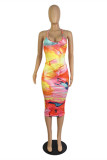 Multicolor Fashion Sexy Print Backless Cross Straps Spaghetti Strap Sleeveless Dress