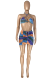Blue Sexy Print Patchwork Tie-dye Swimwears