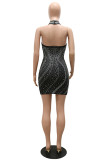 Black Fashion Sexy Patchwork Hot Drilling Backless Halter Sleeveless Dress