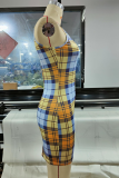 Yellow Sexy Plaid Patchwork Halter Pencil Skirt Dresses