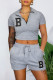 Grey Fashion Casual Letter Print Basic Zipper Collar Short Sleeve Two Pieces
