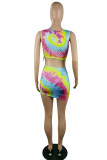 Multicolor Fashion Sexy Print Tie Dye Draw String Frenulum O Neck Sleeveless Two Pieces