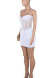 Blue Sexy Solid Patchwork See-through Spaghetti Strap Pencil Skirt Dresses
