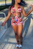 Multicolor Fashion Sexy Print Backless Halter Skinny Romper