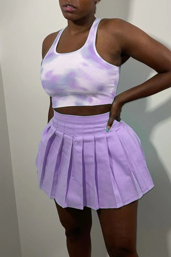 Purple Casual Print Tie Dye Patchwork Pearl U Neck Two Pieces
