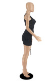 Deep Blue Fashion Sexy Solid Backless Asymmetrical One Shoulder Sleeveless Two Pieces