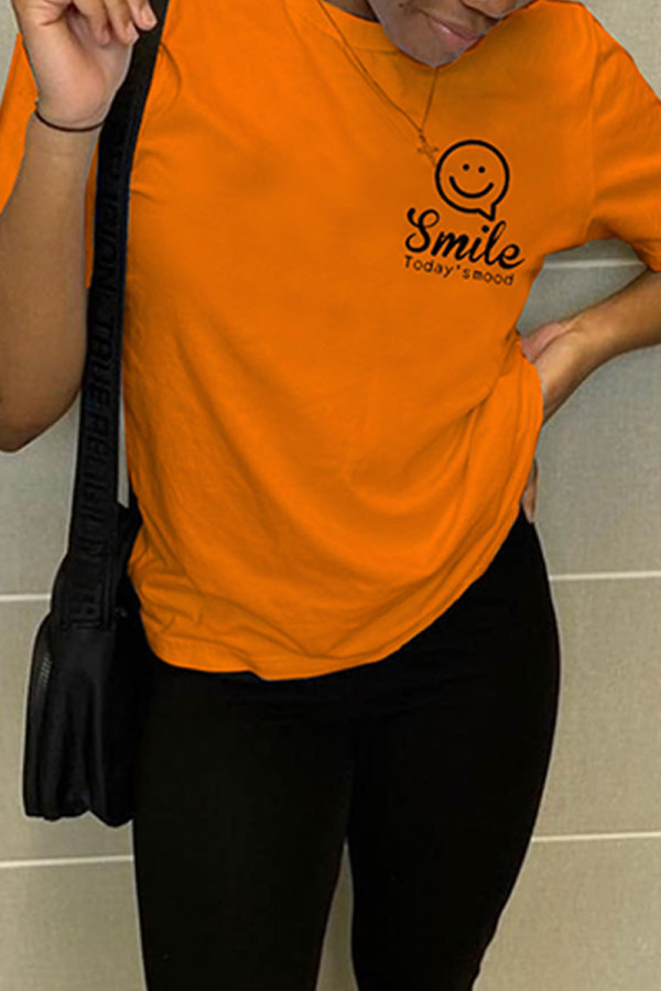 Orange Fashion Casual Print Basic O Neck T-Shirts