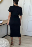 Black Casual Solid Split Joint Oblique Collar One Step Skirt Dresses