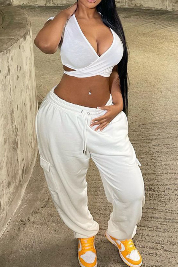 White Sexy Solid Patchwork V Neck Short Sleeve Two Pieces