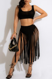 Black Fashion Sexy Solid Tassel Patchwork U Neck Sleeveless Two Pieces