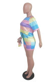 Colour Fashion Casual Striped Print Basic O Neck Short Sleeve Two Pieces