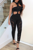 Black Sexy Solid Hollowed Out Halter Skinny Jumpsuits