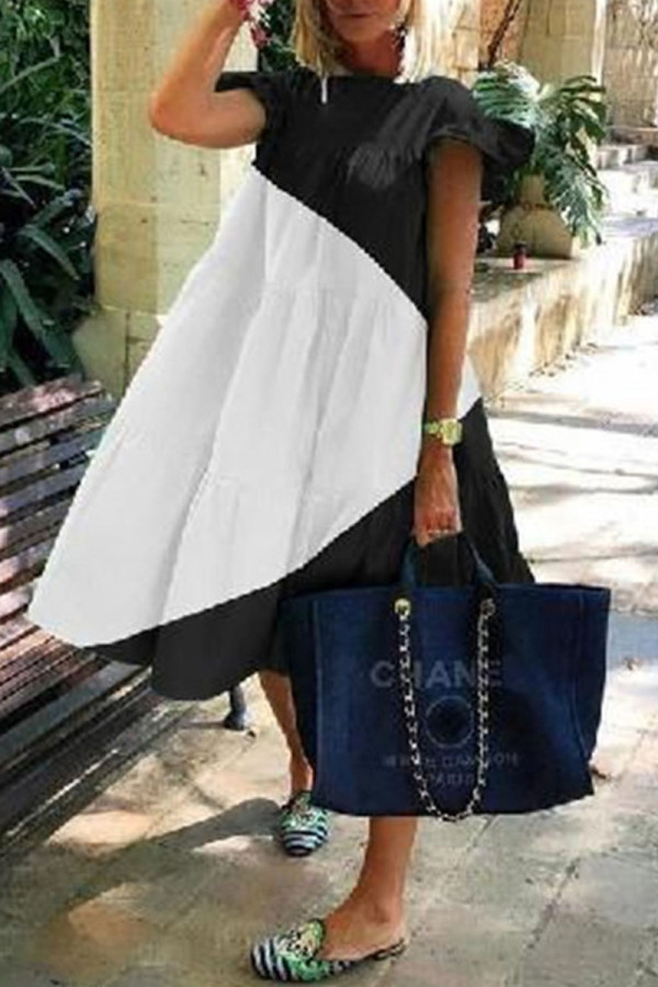 Black Casual Sweet Solid Patchwork O Neck Dresses