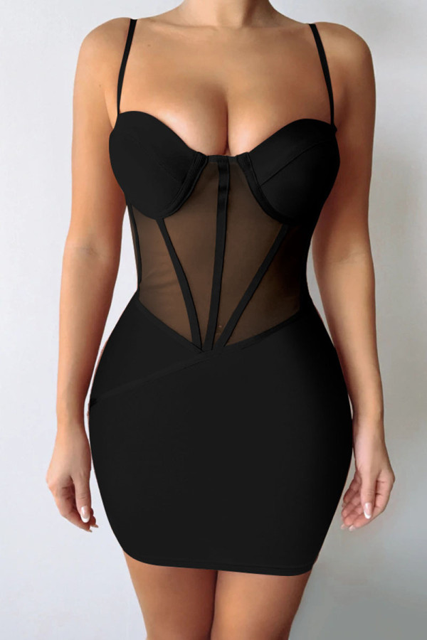 Black Sexy Solid Patchwork See-through Spaghetti Strap Pencil Skirt Dresses