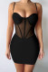 Black Sexy Solid Patchwork See-through Spaghetti Strap Pencil Skirt Dresses