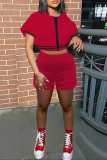 Red Fashion Casual Solid Patchwork Hooded Collar Short Sleeve Two Pieces