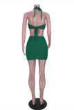 Ink Green Fashion Sexy Solid Bandage Backless Halter Sleeveless Two Pieces