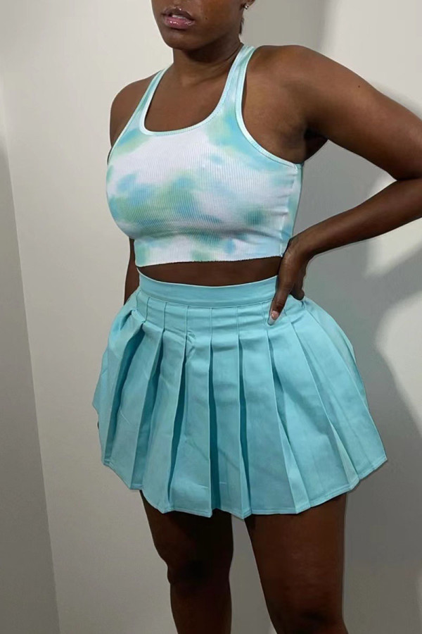 Cyan Casual Print Tie Dye Patchwork Pearl U Neck Two Pieces