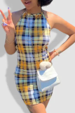 Yellow Sexy Plaid Patchwork Halter Pencil Skirt Dresses