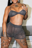 Black Fashion Sexy Solid See-through Backless Spaghetti Strap Sleeveless Two Pieces