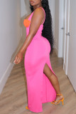 Pink Fashion Sexy Solid Patchwork Backless Slit Spaghetti Strap Long Dress