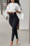 White Casual Solid Patchwork Flounce Fold O Neck Tops