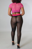 Pink Sexy Print Patchwork See-through O Neck Short Sleeve Two Pieces