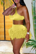 Yellow Sexy Solid Patchwork Feathers U Neck Two Pieces