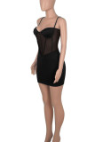 Blue Sexy Solid Patchwork See-through Spaghetti Strap Pencil Skirt Dresses