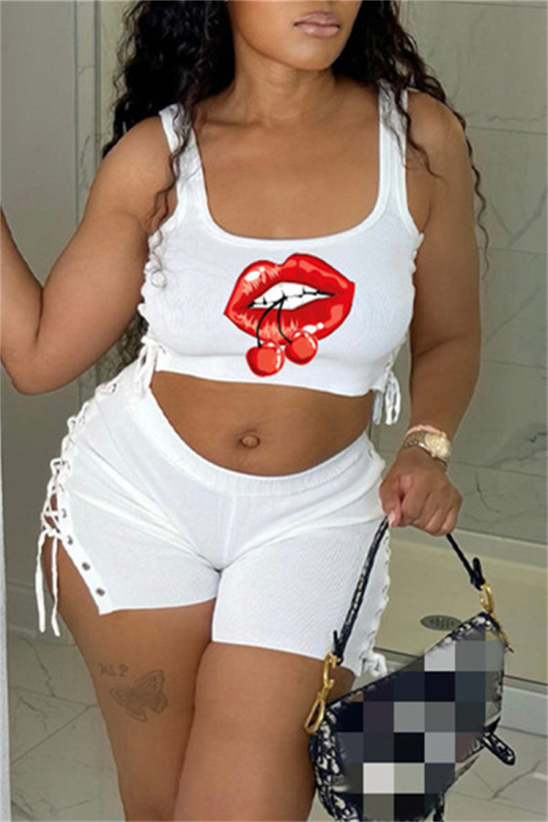 White Fashion Casual Lips Printed Bandage U Neck Sleeveless Two Pieces