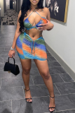 Blue Sexy Print Patchwork Tie-dye Swimwears