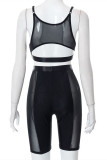 Black Fashion Sexy Solid Patchwork See-through Backless Spaghetti Strap Sleeveless Two Pieces