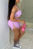 Light Purple Fashion Casual Print Bandage U Neck Sleeveless Two Pieces