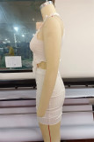 Cream White Fashion Sexy Solid Asymmetrical O Neck Sleeveless Two Pieces