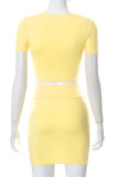 Yellow Fashion Casual Solid Basic O Neck Short Sleeve Two Pieces