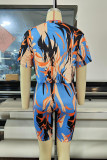 Blue Fashion Casual Print Basic O Neck Short Sleeve Two Pieces
