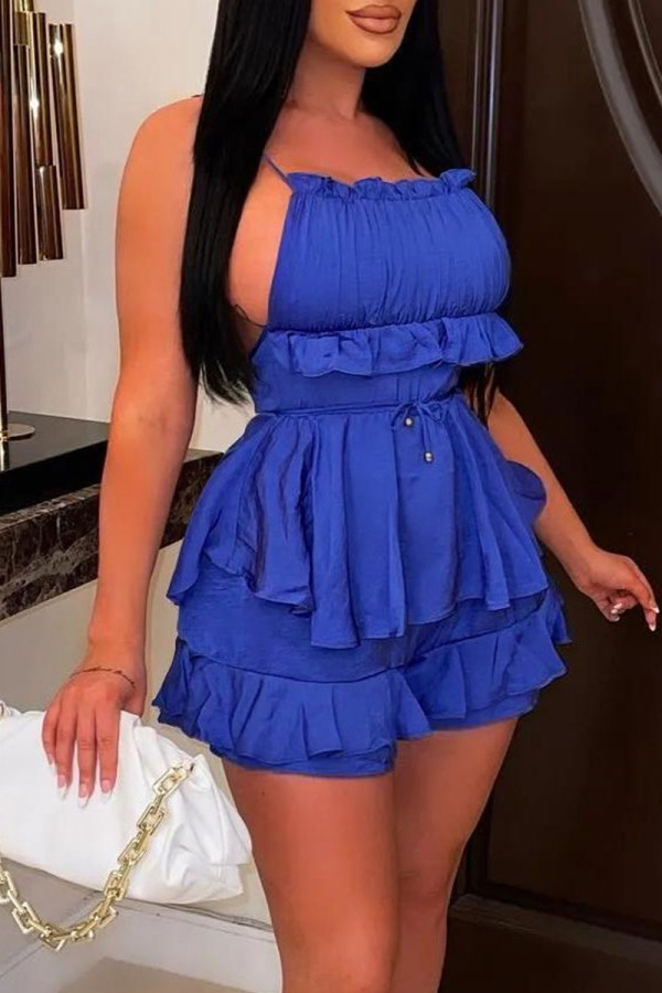 Blue Sexy Solid Patchwork Backless Flounce Spaghetti Strap Regular Rompers