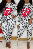 Multicolor Fashion Casual Lips Printed Basic O Neck Long Sleeve Two Pieces