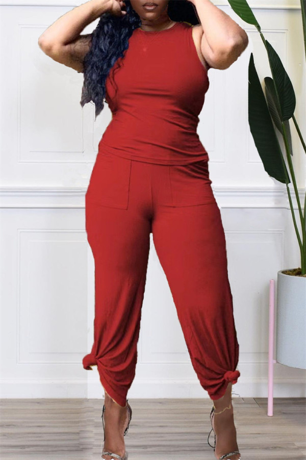 Red Fashion Casual Solid Patchwork O Neck Sleeveless Two Pieces
