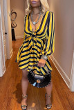 Yellow Fashion Casual Striped Print Patchwork V Neck Long Sleeve Dresses