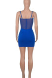 Blue Sexy Solid Patchwork See-through Spaghetti Strap Pencil Skirt Dresses